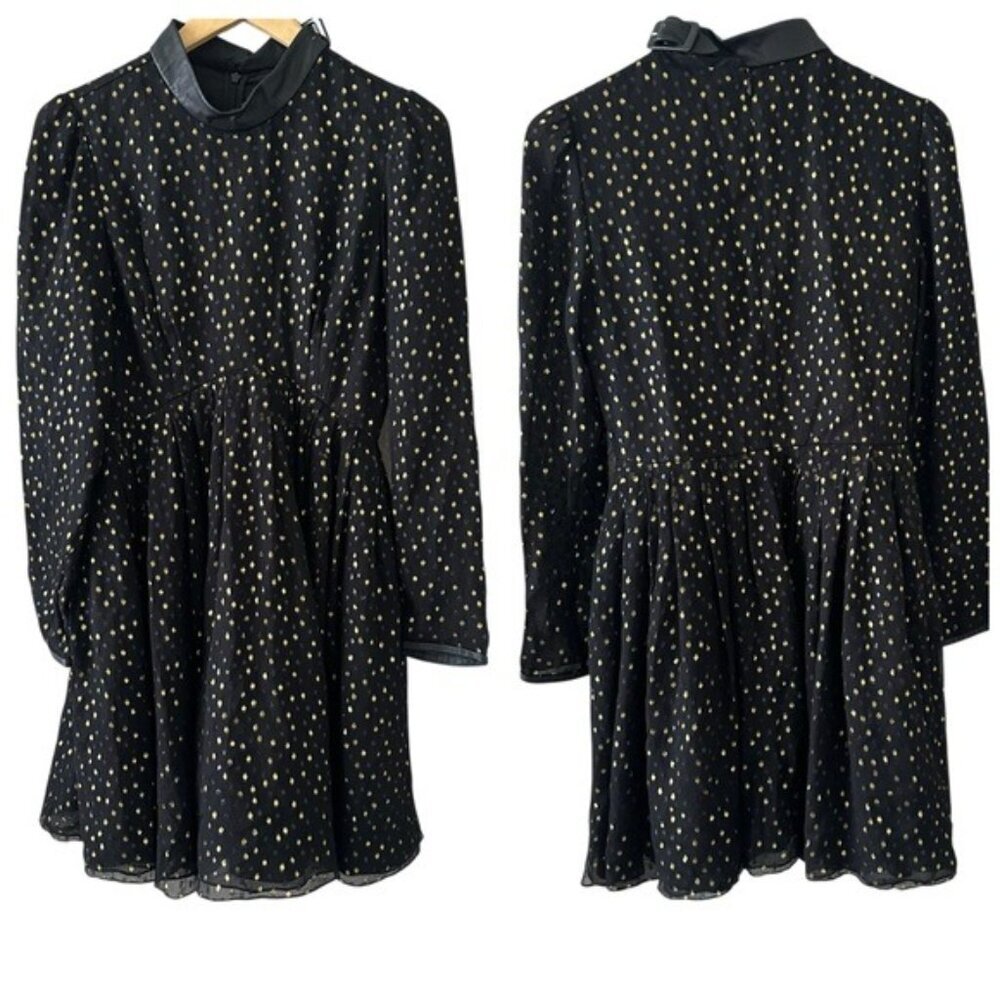 Jill Stuart Silk Dress 6 Black Gold Polka Dot Leather Trim Long Sleeve